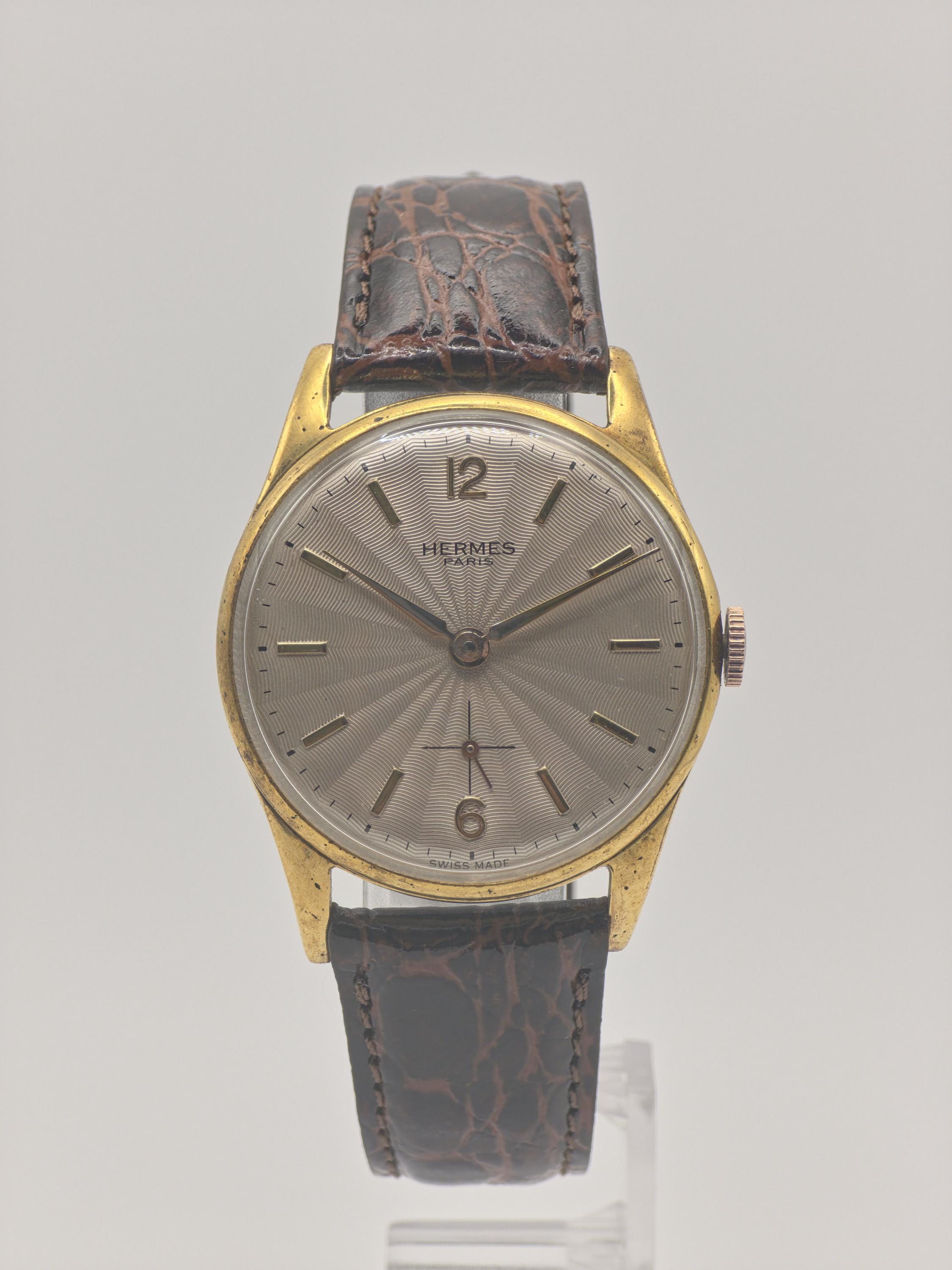 Vintage HERMES PARIS Manual Wind Watch Men's Gold Plated Brown