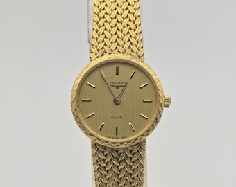 Vintage Longines Gold Dial Textured Bracelet Women's Swiss Quartz Dress Watch - 452