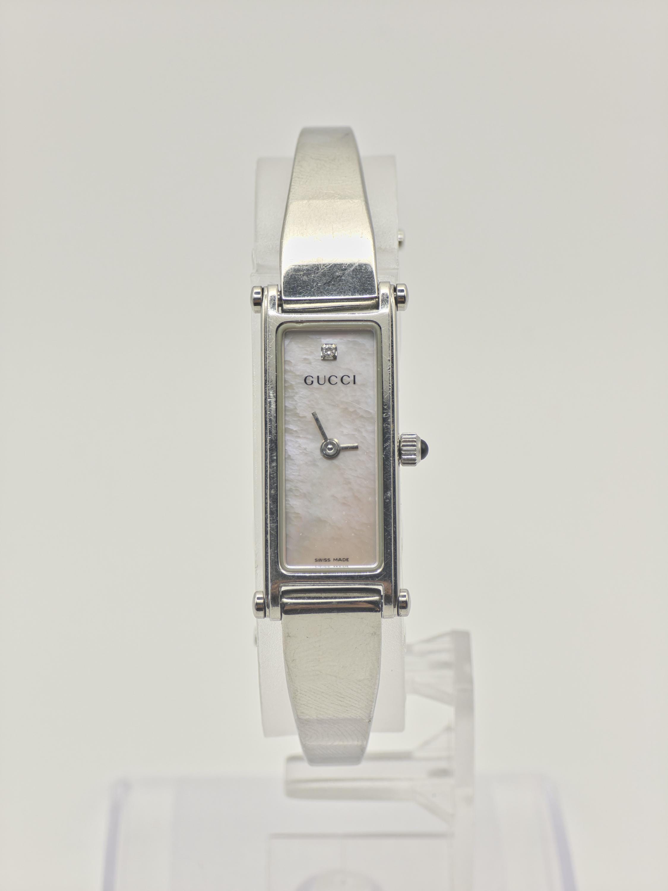 Gucci 1500L Silver Bangle Watch Women Mother of Pearl Dial Diamond
