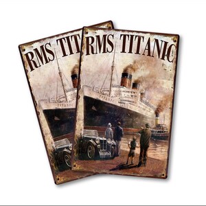 RMS Titanic Distressed Vintage, cartello in metallo massiccio 12" x 8", tesoro sommerso con Mercedes Benz classica