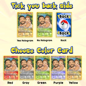 May include: A collection of custom trading cards featuring a father and child. The cards are available in various colors, including red, gray, green, purple, and yellow. The text on the cards reads "BEST DAD: Skyler 2025". The back of the card features a Pok&eacute; Ball design.