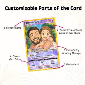 May include: A customizable Father's Day card with an anime-style illustration of a father and child. The card features the text "BEST DAD: Skyler" and "2025", along with customizable text options and color choices. The card includes a Father's Day greeting.