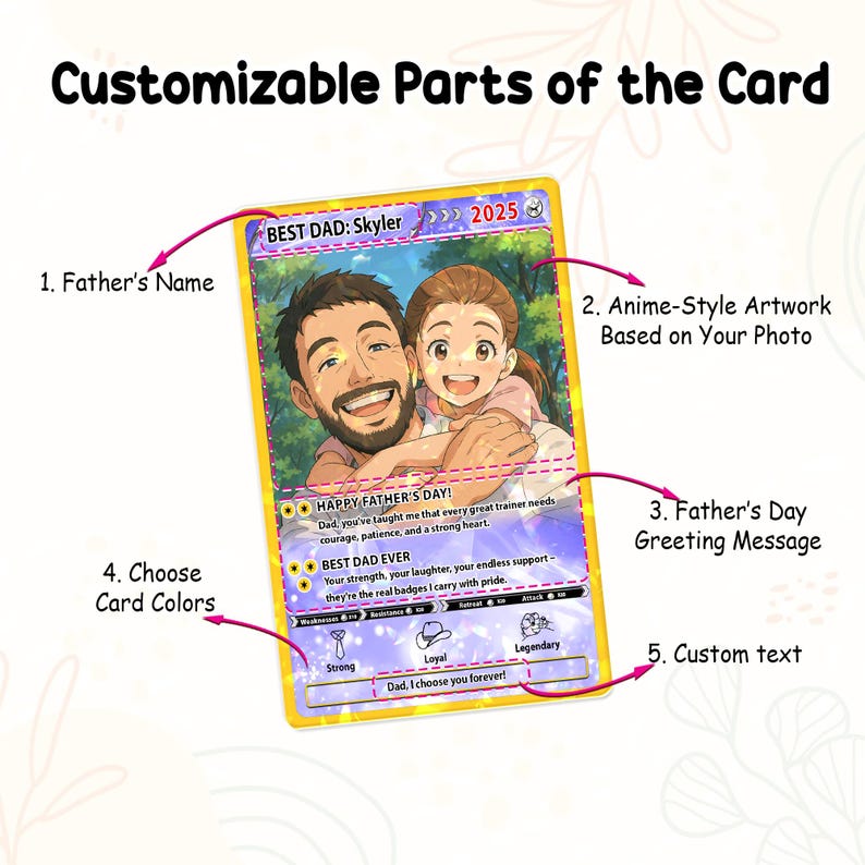 May include: A customizable Father's Day card with an anime-style illustration of a father and child. The card features the text "BEST DAD: Skyler" and "2025", along with customizable text options and color choices. The card includes a Father's Day greeting.