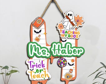Custom Halloween Teacher Wooden Door Hanger, Spooky Classroom Decor