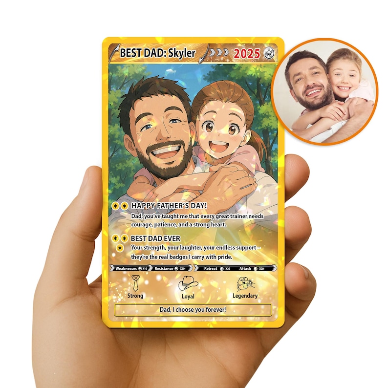 May include: A personalized Best Dad card featuring an illustration of a father and child, with a photo in the upper right corner. The card includes text that reads "Happy Father's Day!" and "Best Dad Ever."