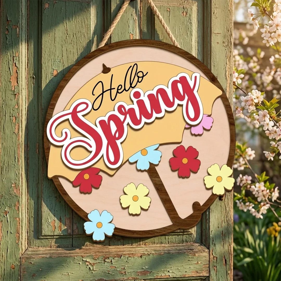 Personalized Spring Door Hanger, Custom Hello Spring Sign, Wooden Door ...