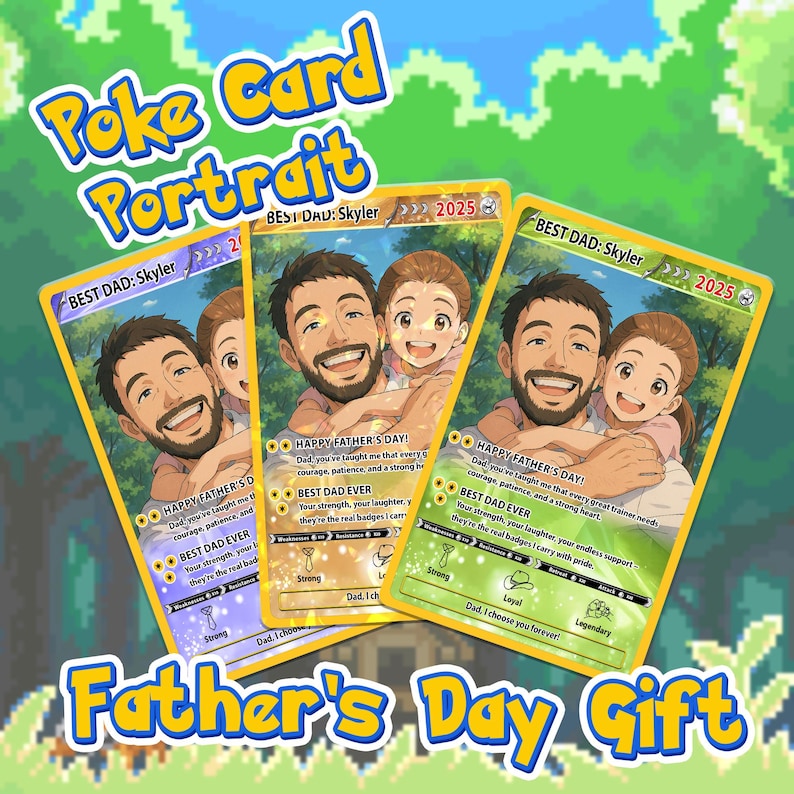 May include: Three custom "Poke Card Portrait" cards featuring a smiling father and child. The cards have a yellow border and text that reads "BEST DAD: Skyler" and "HAPPY FATHER'S DAY!". The image also includes the text "Father's Day Gift".