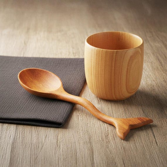 A hand-carved wooden spoon whose handle is sculpted into a fish tail — functional kitchenware that doubles as tiny folk-art sculpture.