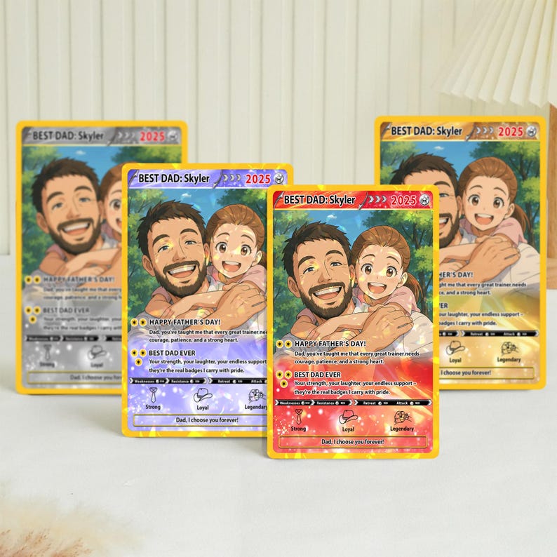 May include: Four trading cards with a yellow border and a cartoon illustration of a father and child. The cards read "BEST DAD: Skyler 2025" and include text that says "HAPPY FATHER'S DAY!" and "BEST DAD EVER".