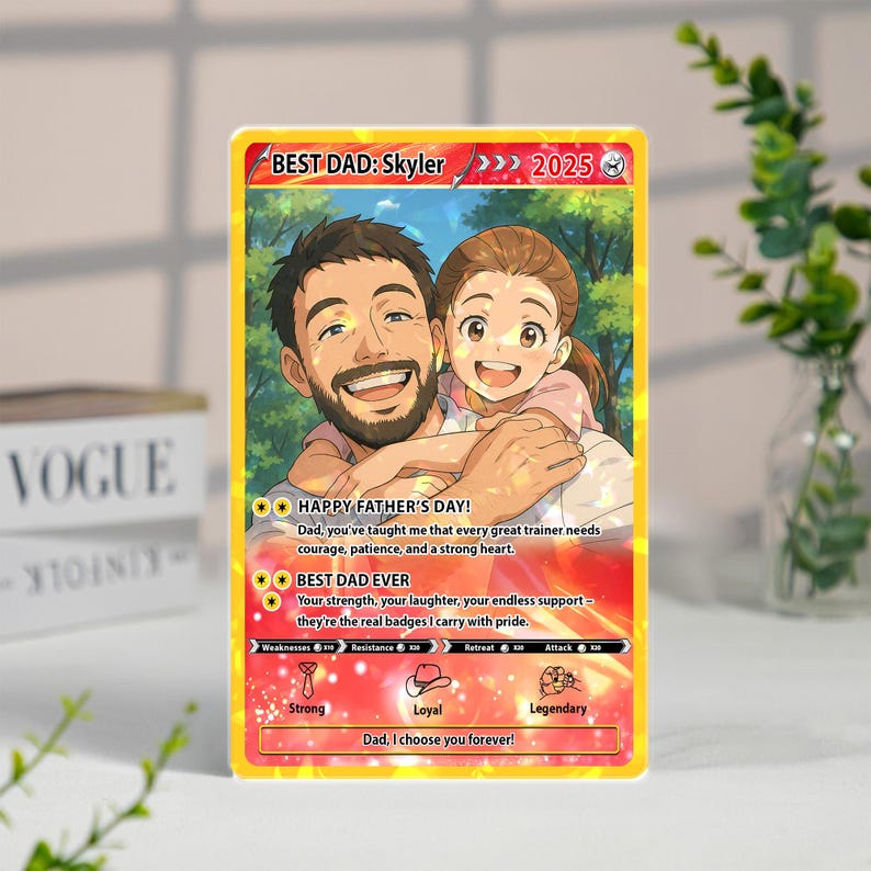 May include: A Father's Day card featuring a smiling father and child. The card has a gold border and text that reads "BEST DAD: Skyler 2025" and "HAPPY FATHER'S DAY!" The card also includes the text "BEST DAD EVER" and "Dad, I choose you forever!"