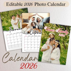 May include: A collection of 2026 photo calendars featuring family photos. The calendars display the months of February and October, with a third calendar labeled "Voves Family 2026." The calendars have a white background with a simple calendar grid.
