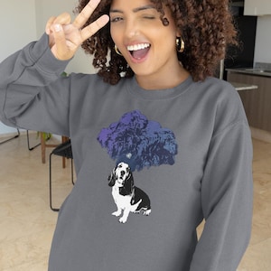 Basset Hound Performer Sweatshirt, Cozy Dog Lover Gift, Unisex Crewneck, Casual Wear, Perfect for Dog Lovers, Unique Black & White Fashion
