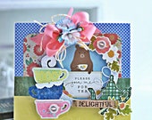 handmade tea party card-WOODLAND CREATURES BEAR at a tea party-handstamped greeting
