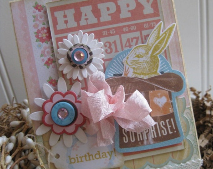 Shabby Birthday Cardhappy Birthday SURPRISE POP up Bunny Rabbit in Top