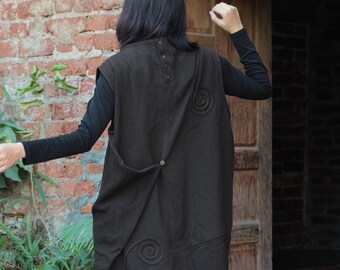 Brown Cotton Tulip Dress: Sleeveless Swirl Design, One Size