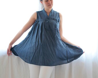Mix Silk Sleeveless Top: Chinese Collar Patchwork Blouse