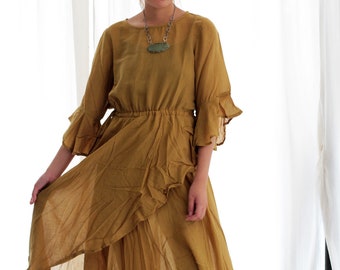 Long dress mustard mixed silk size M (1182)