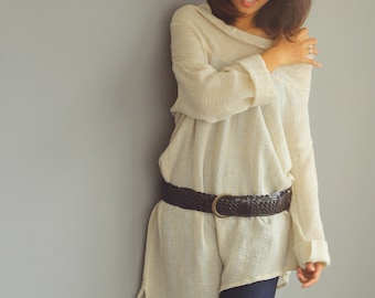 1408 Long...Blouse natural Ivory linen cotton blend  S,M,L