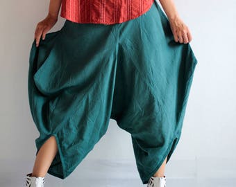 Cotton Harem Pants: Green Origami Style Lounge Pants