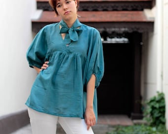 cotton mix silk Blouse - Oversized V-Neck Top with Tie 301