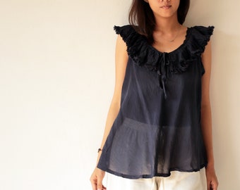 Mix Silk Tank Top: Ruffle V-Neck Blouse, Sheer Layered Fabric