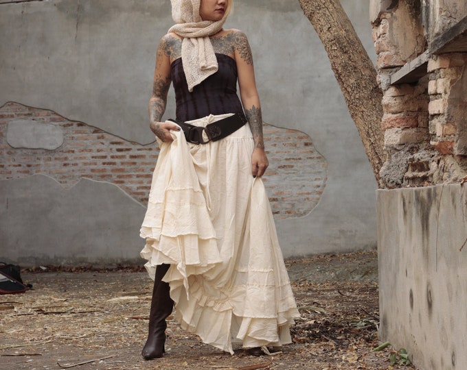 Featured listing image: 100% cotton Asymmetric gypsy skirt/dress ... hippie, boho, elegant Ivory  M 1188