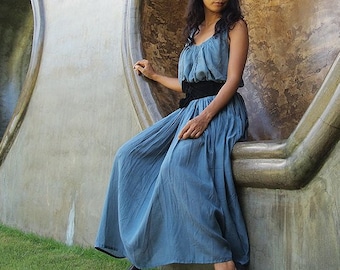 Mixed Silk Long Dress: Sleeveless Cotton Rayon Blend, S-L