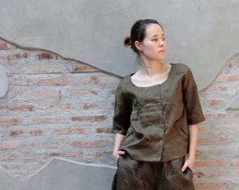 100% Linen Button-Front Blouse: Pleated Ruffle Top
