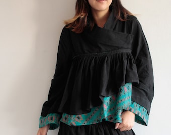 Kimono Style Cotton Blouse: Long Sleeve V-Neck, Printed Detail