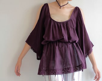 Purple Cotton Mix Silk  Tunic Top: Crochet Lace Trim, Kimono Style