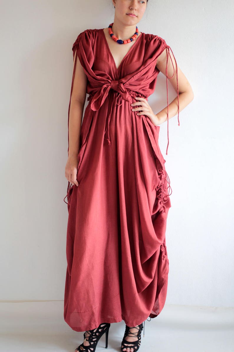 Maxi Dress  Cotton mix silk  (366)  Fit M-L Bohemian /Boho /Long sleeve..Rose red  mix silk (366) 