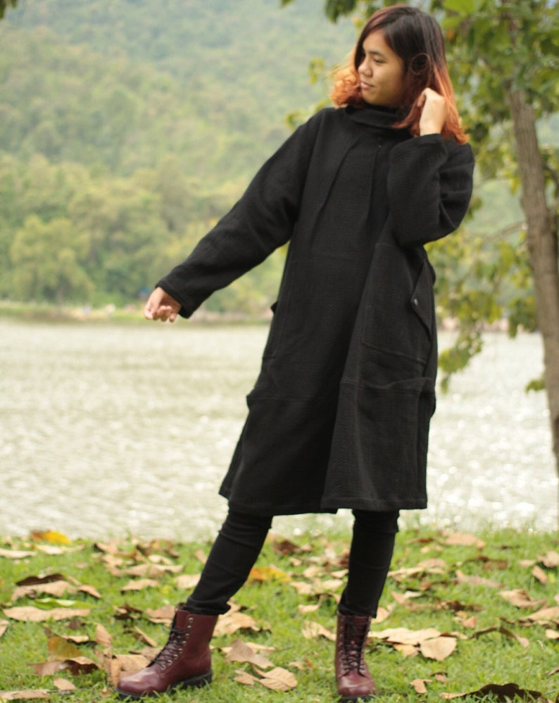 Long sleeve Tulip dress turtle neck...textured 2 layers thick cotton Black...one size fit most 1403 image 1