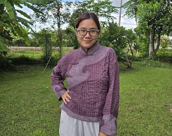 Blouse/Indigo mandarin style hand Sashiko Embroidery Blouse... Rosy Brown color Freesize