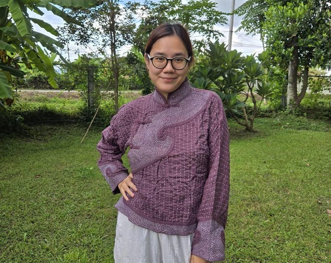 Featured listing image: Blouse/Indigo mandarin style hand Sashiko Embroidery Blouse...B 1820 Rosy Brown color Freesize