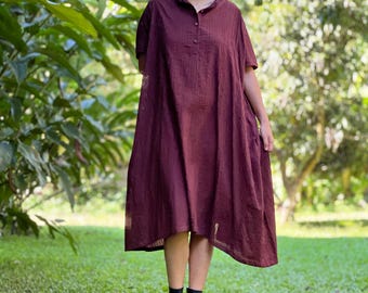 Boho Cotton Oversized Dress: Handmade Crinkle Fabric, Pockets