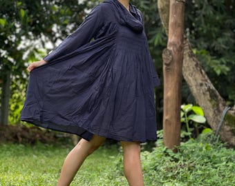 Purple Floral Mix Silk  Dress - Asymmetric Ruffle Cowl Neck