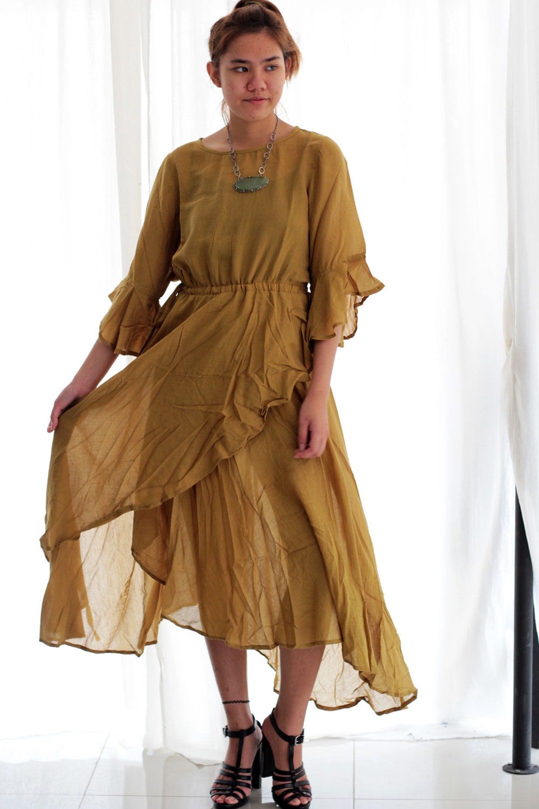 Long Dress Mustard Mixed Silk Size M 1182 - Etsy