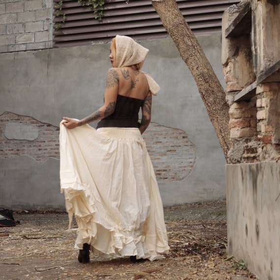 Ivory Cotton Asymmetric Skirt Dress: Boho Hippie Style Floral