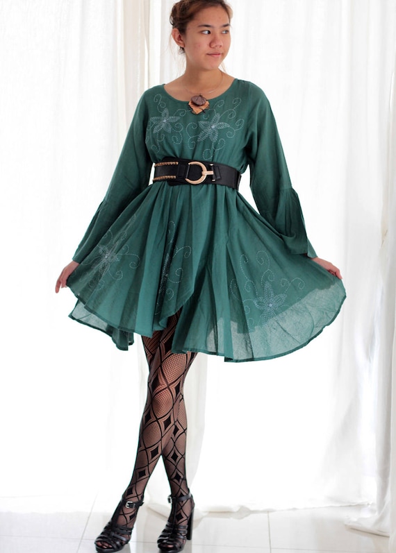 Hand-Embroidered Mini Dress, Asymmetric Hem, Bell Sleeves 108
