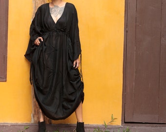 Black Cotton Maxi Dress: Drawstring Empire Waist, Plus Size XXL-XXXL