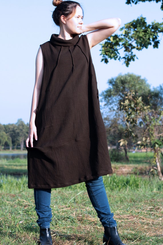 plaid collar dress flare hemline brown Brown Plaid High-Neck Lace Trim Cotton Dress main image 1