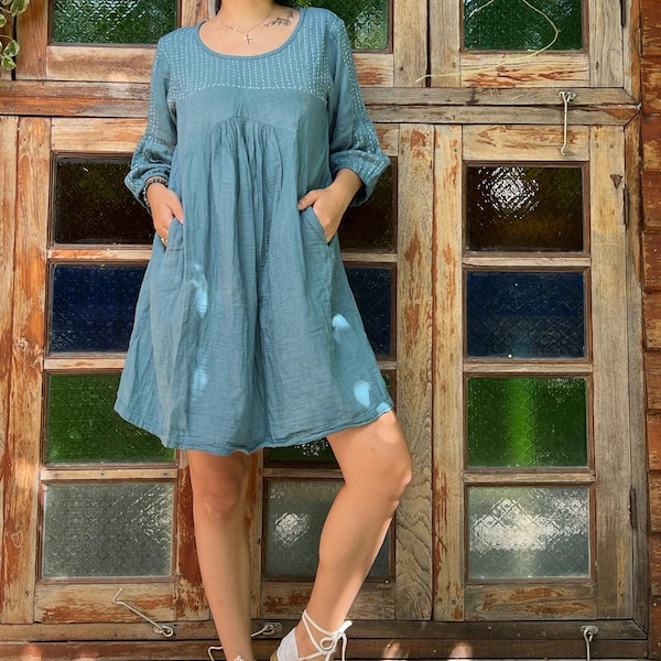 100% cotton Mini Dress/Tunic tone poem hand stitched white thread (1402).