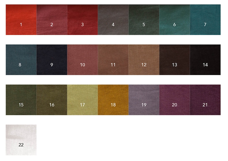 May include: Swatch card displaying 22 fabric samples. The samples are arranged in rows of four, with the numbers 1 through 22 printed below each sample.