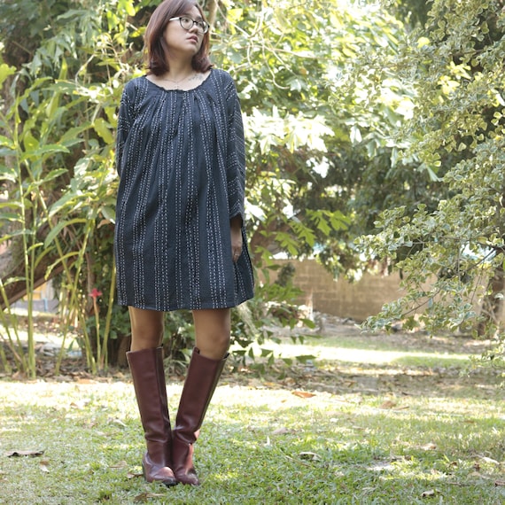 Cotton Boho Mini Dress: Hand-Stitched, Oversize Fit