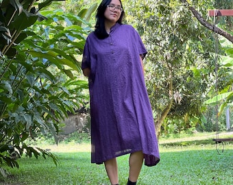 Handmade Boho Cotton Crinkle Dress: Purple Oversized Summer Tunic