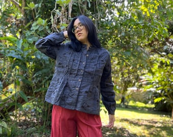 Charcoal Linen Boho Blouse, Wooden Button Front, Handmade in Thailand