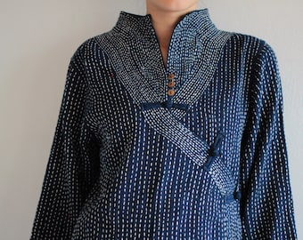 Blouse/Indigo mandarin style hand Sashiko Embroidery Blouse...B 1820