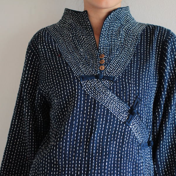 Blouse/Indigo mandarin style hand Sashiko Embroidery Blouse...B 1820