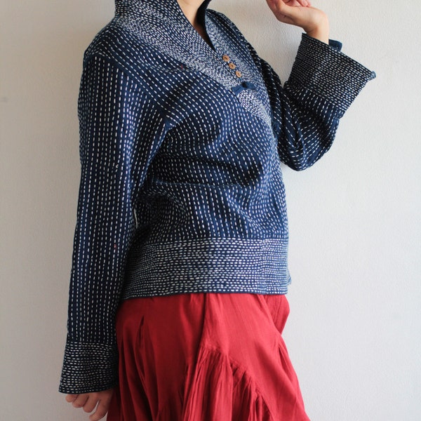 Blouse/Indigo mandarin style hand Sashiko Embroidery Blouse...B 1820