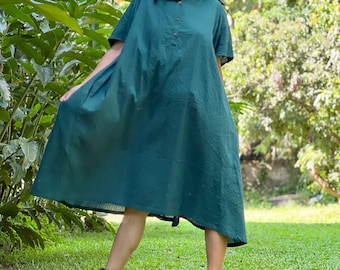 Boho Green Cotton Dress: Oversized Crinkle Cotton, Handmade
